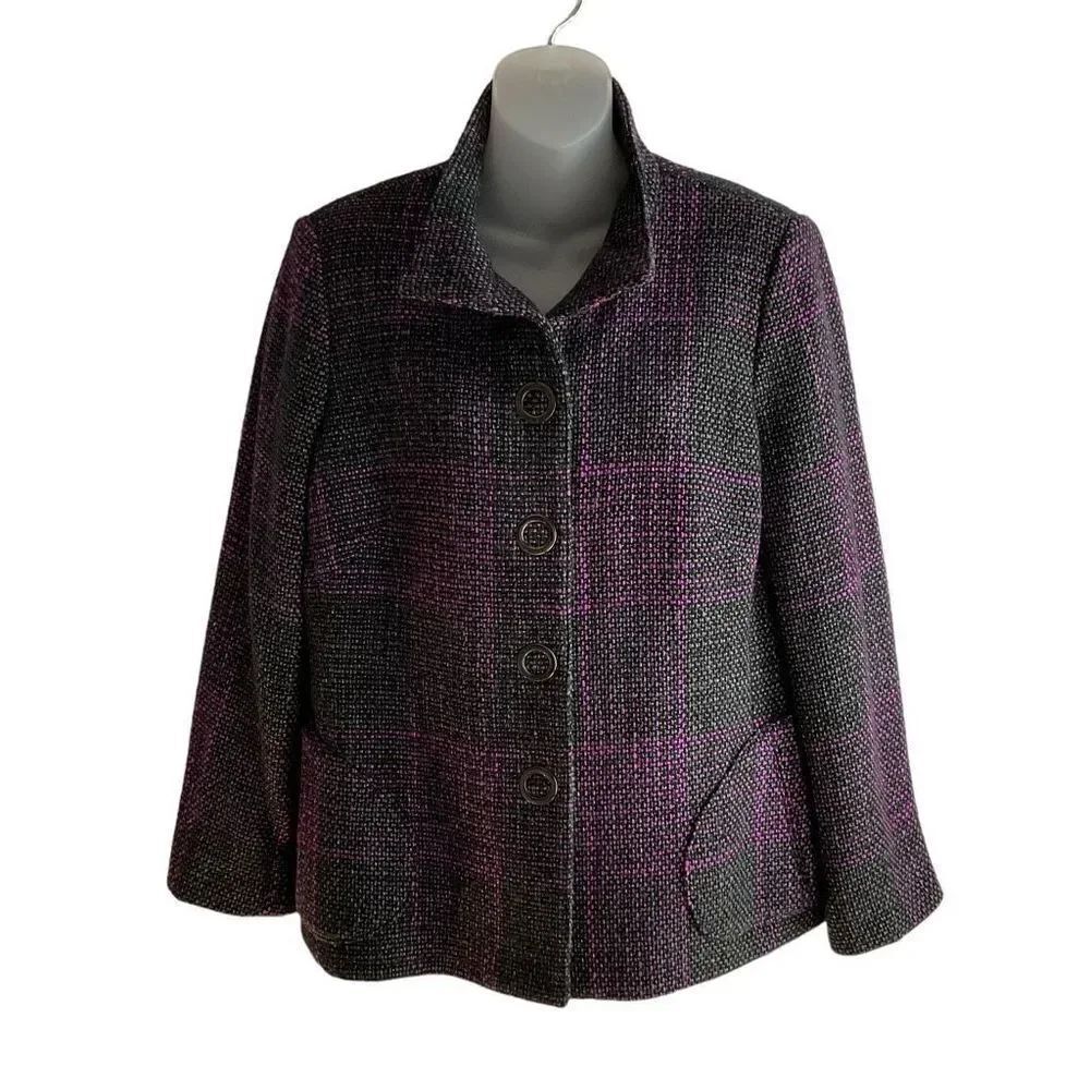 Carlisle Jacket Tweed Wool Blend Button Snap Front Black Pink Grey Weave Size 14